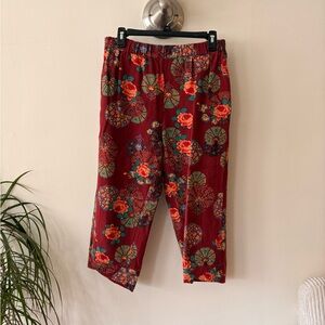 Women's Maroon Floral Elastic-Waist Hippie Cropped Pants Size Large